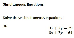 Simultaneous Equations work including more challenging work towards the end
